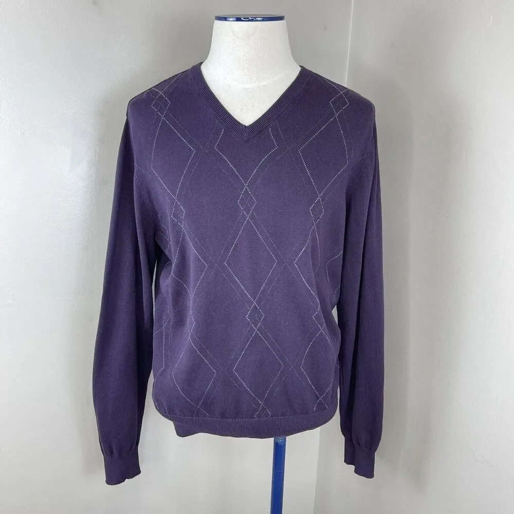 Van Heusen Men’s V Neck Sweater Argyle Purple Cotton Size Large